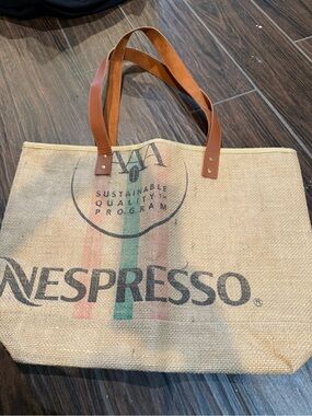 Nespresso Beige Jute Tote with Brown Leather Handles and Logo